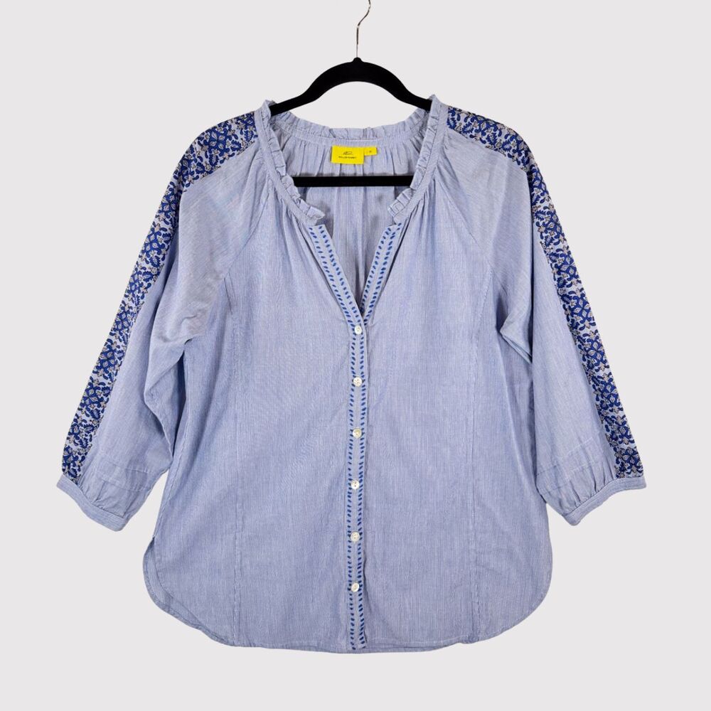 Roller Rabbit Womens Top Blue Striped V Neck Blouse Floral 3/4 Sleeve Medium